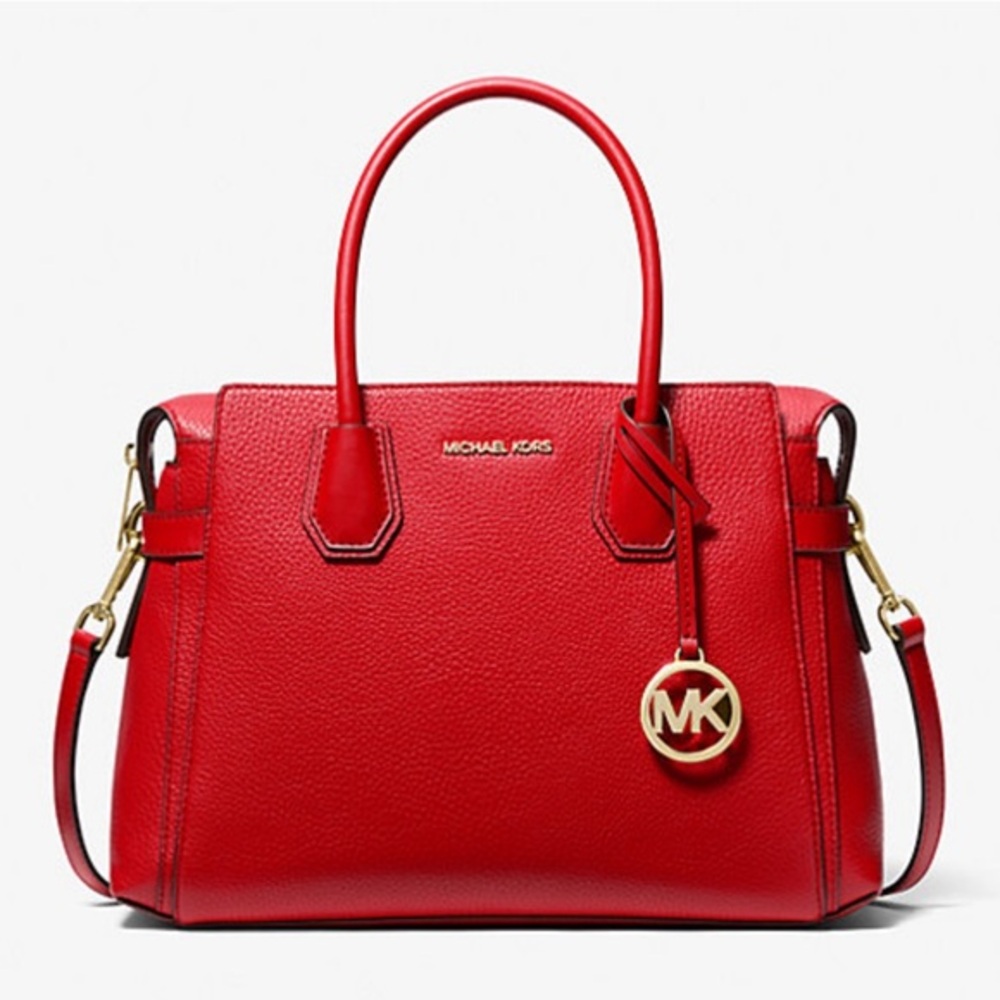Michael Kors Mercer Medium Top-Zip Belted Satchel Crossbody Purse 
BRIGHT RED
NW